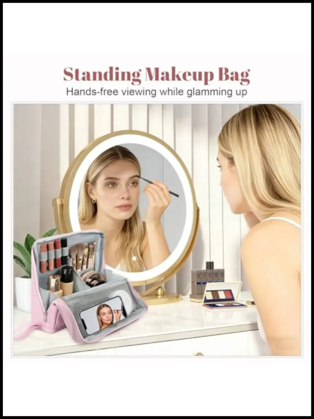 Stand Up Makeup Bag with Multiple Compartments PU Leather Foldable Travel